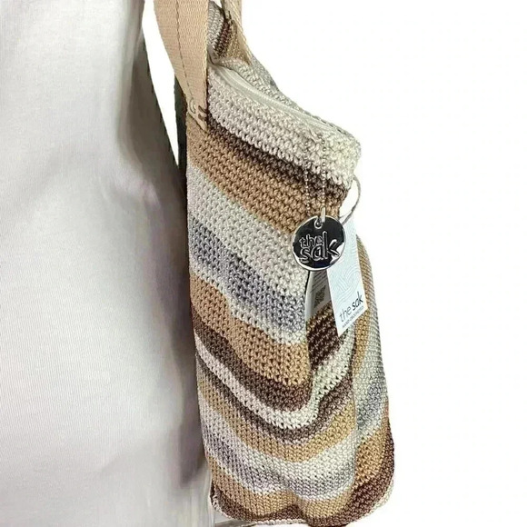 The Sak Mendocino Stripe Crochet XLarge Double Strap Zip Top Tote Vegan NEW Sand - Picture 7 of 11